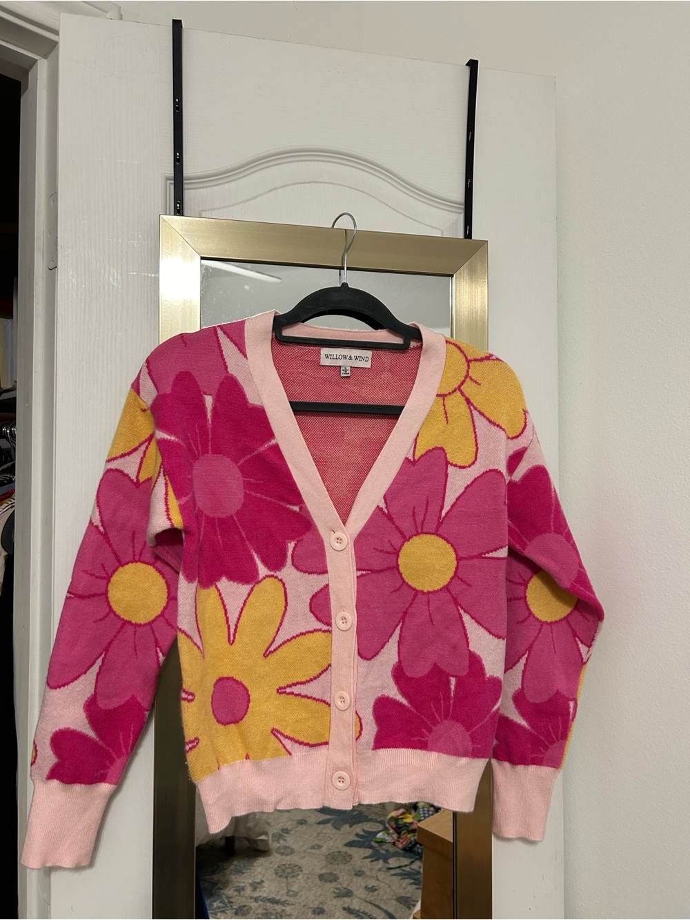 Willow & Wind - Pink and Yellow Daisy V-Neck Button Down Cardigan Sweater